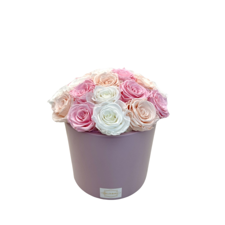 BOUQUET WITH 23 ROSES -PINK CERAMIC POT WITH MIX (ICE PINK, BRIDAL PINK, WHITE) ROSES