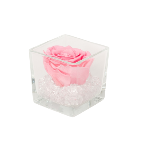 Klaasist vaas 8x8 cm BABY PINK roosiga ja kristallidega S