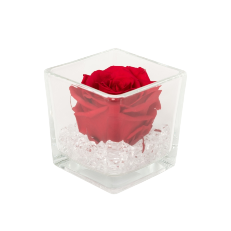 GLASS VASE WITH vibrant red ROSE AND CRYSTALS (10x10 cm)