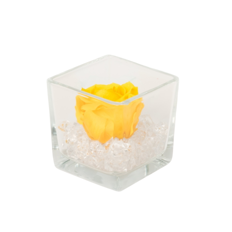 GLASS VASE WITH YELLOW ROSE AND CRYSTALS