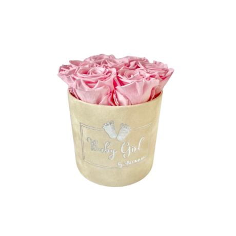 BABY GIRL - SMALL NUDE VELVET BOX WITH BRIDAL PINK ROSES